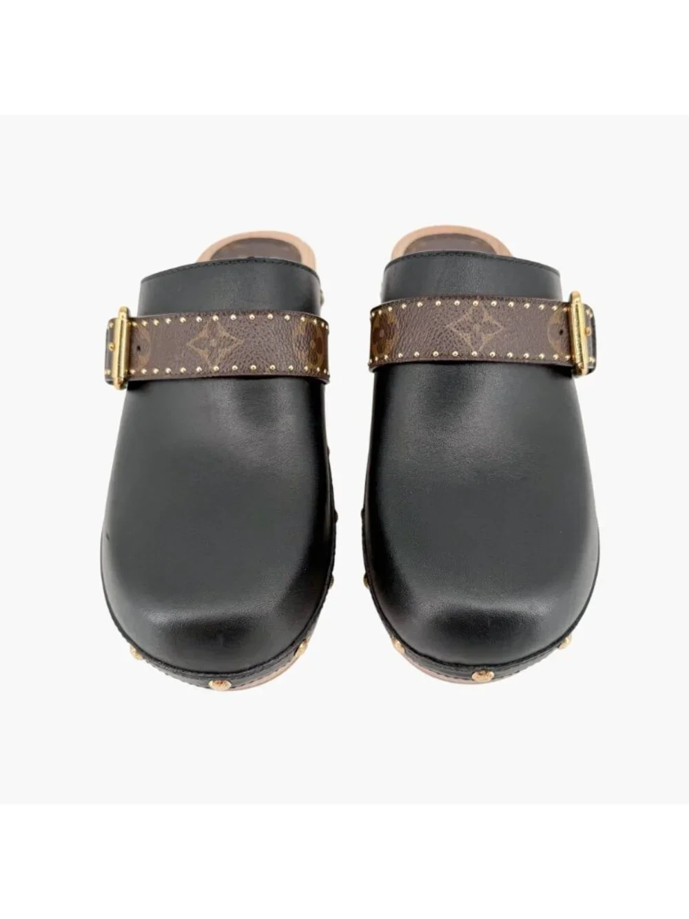 Louis Vuitton LV Cottage Mule Clogs Black Leather Size 39 US 9 Women's Wooden